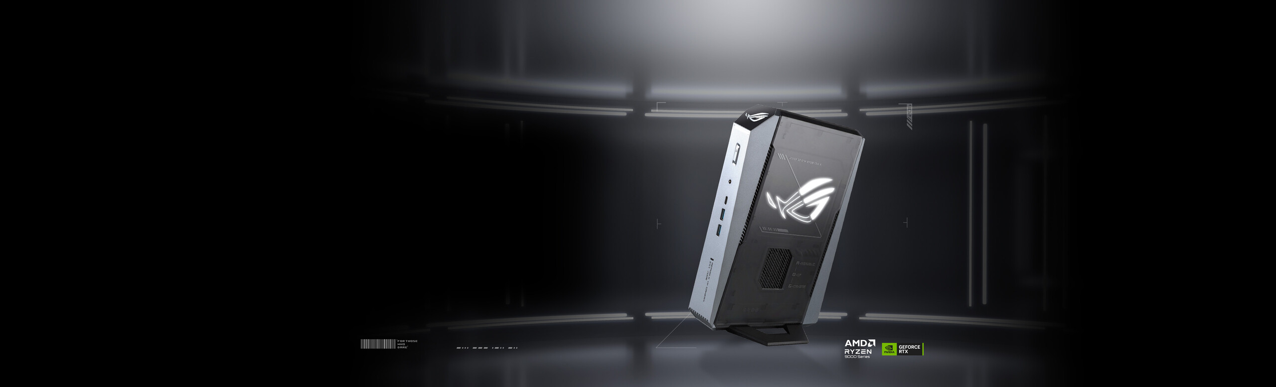 ROG GR70 Gaming Mini PC illuminated by silver light rods in a dark room